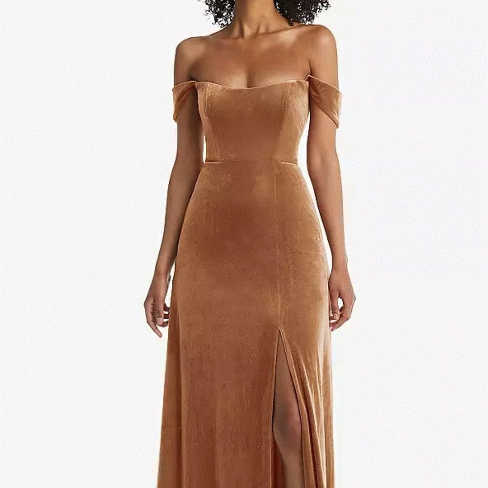 After Six 1551...Off-the-Shoulder Flounce Sleeve Velvet Maxi...Almond...Size 2